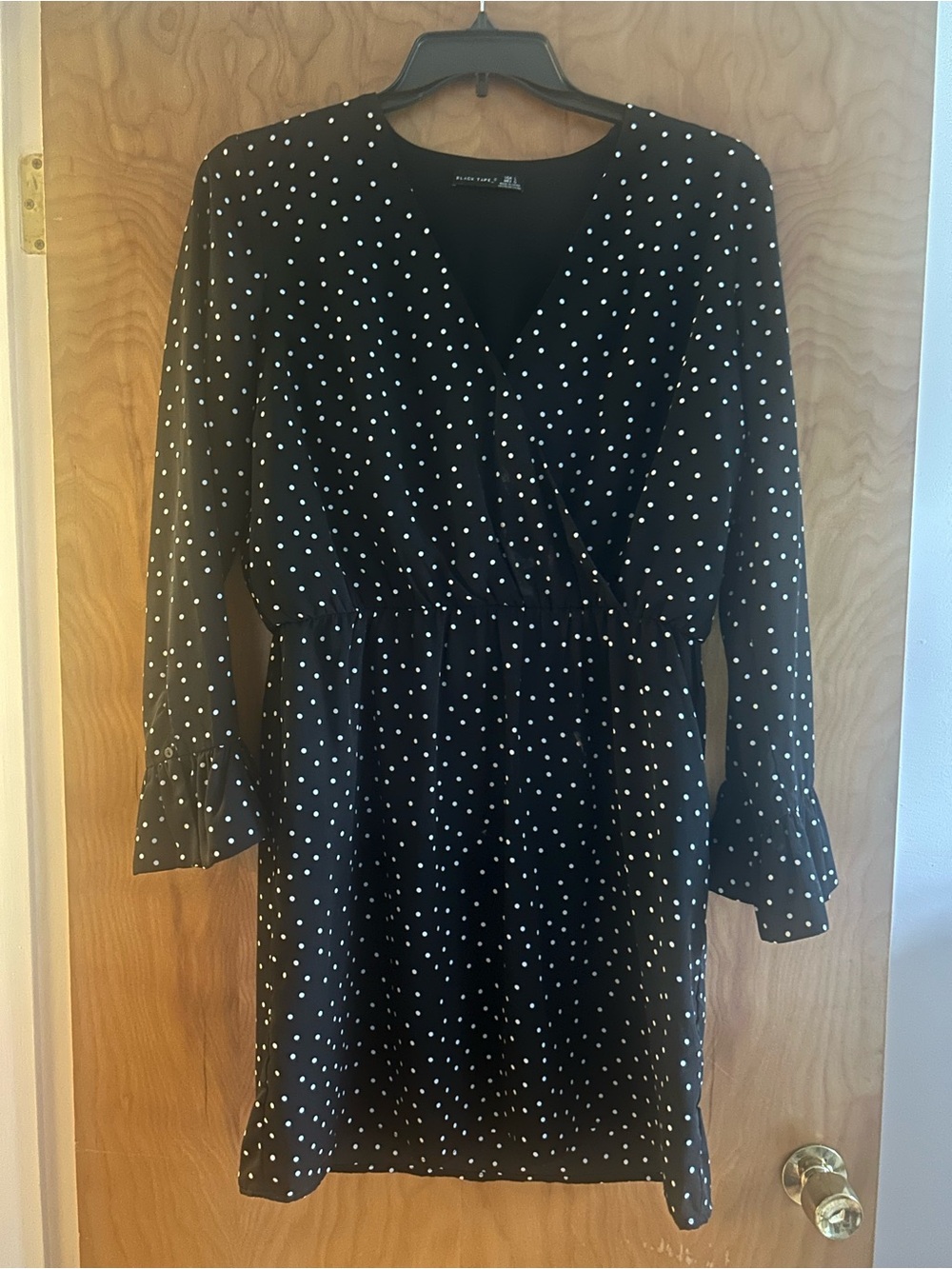 Black Tape_ Black and White Polka Dot Long-Sleeve Wrap Dress